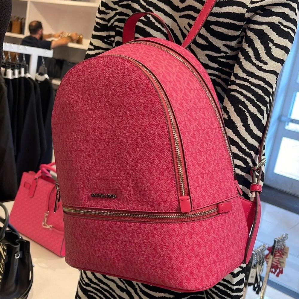 Michael Kors Rhea Medium Signature Logo Backpack Dragonfruit NWT